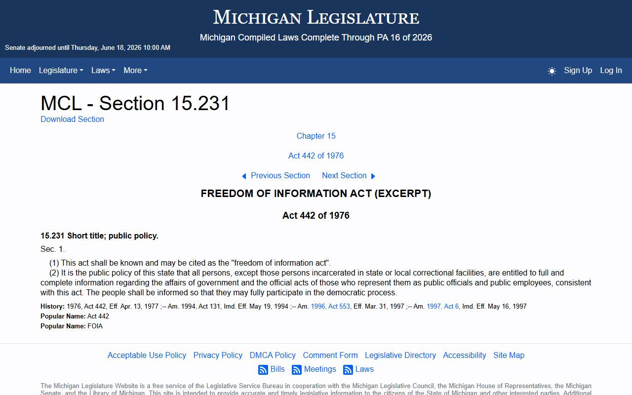 Delta County jail mugshots Michigan FOIA statute